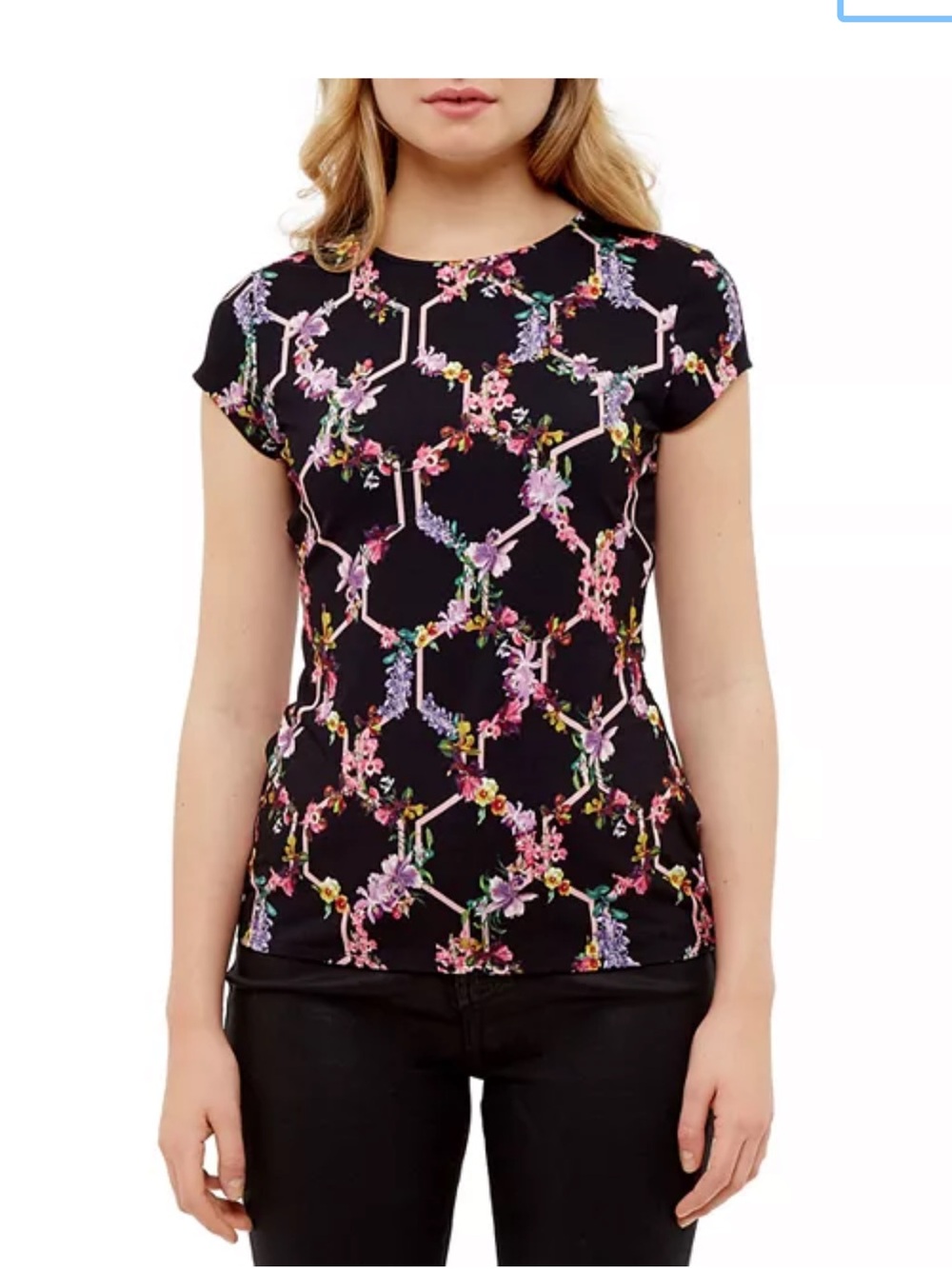 Ted Baker Black Floral Short Sleeve Geometric Print Top, Size 3